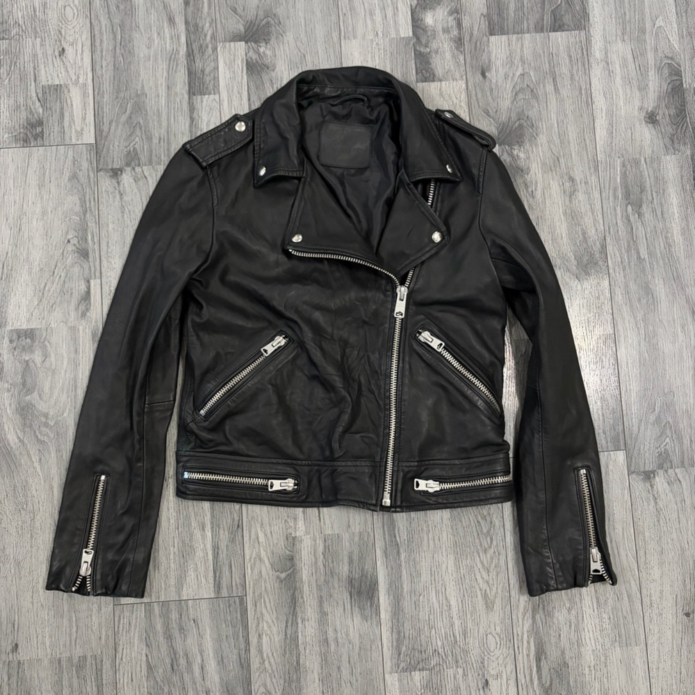 All Saints Bourne Biker Black Leather Jacket with Silver Zippers Sz US 6 / EU 38